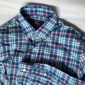 Vineyard Vines Performance Whale Shirt Boys Large 16 Blue Pink Plaid Button Down
